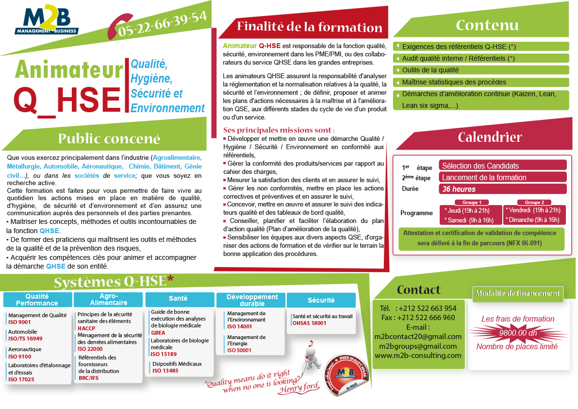 Animateur Q-HSE, Qualité Hygiène, sécurité, Environnement,Systèmes Q-HSE